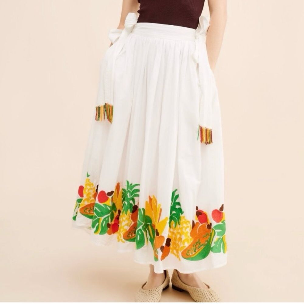 NEW FARM Rio Embroidered Fruits Side Bow Maxi Skirt Beaded Tassels White Size XL